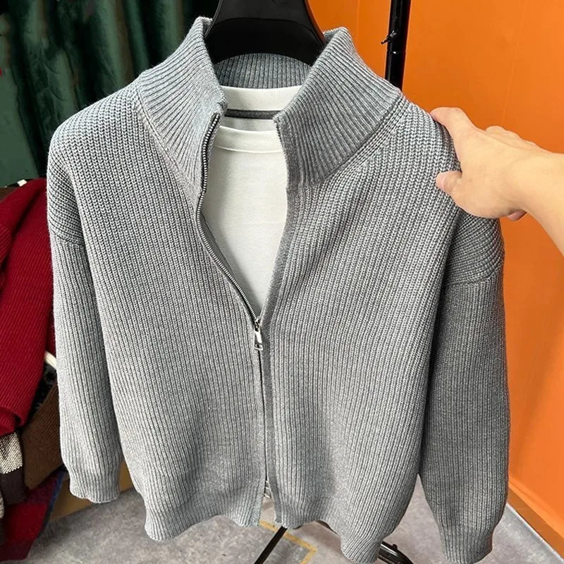 Mens Open Cardigan Solid Color Zipper Knitted Sweater Slim Fit Standup Collar Halfhigh Outerwear 260920