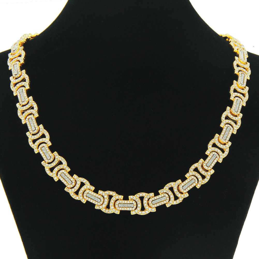 European And American Hip-Hop Full Diamond Splicing Men's Personality Necklace Exaggerated Domineering Geometric Shape Glitter Strip Accessorie