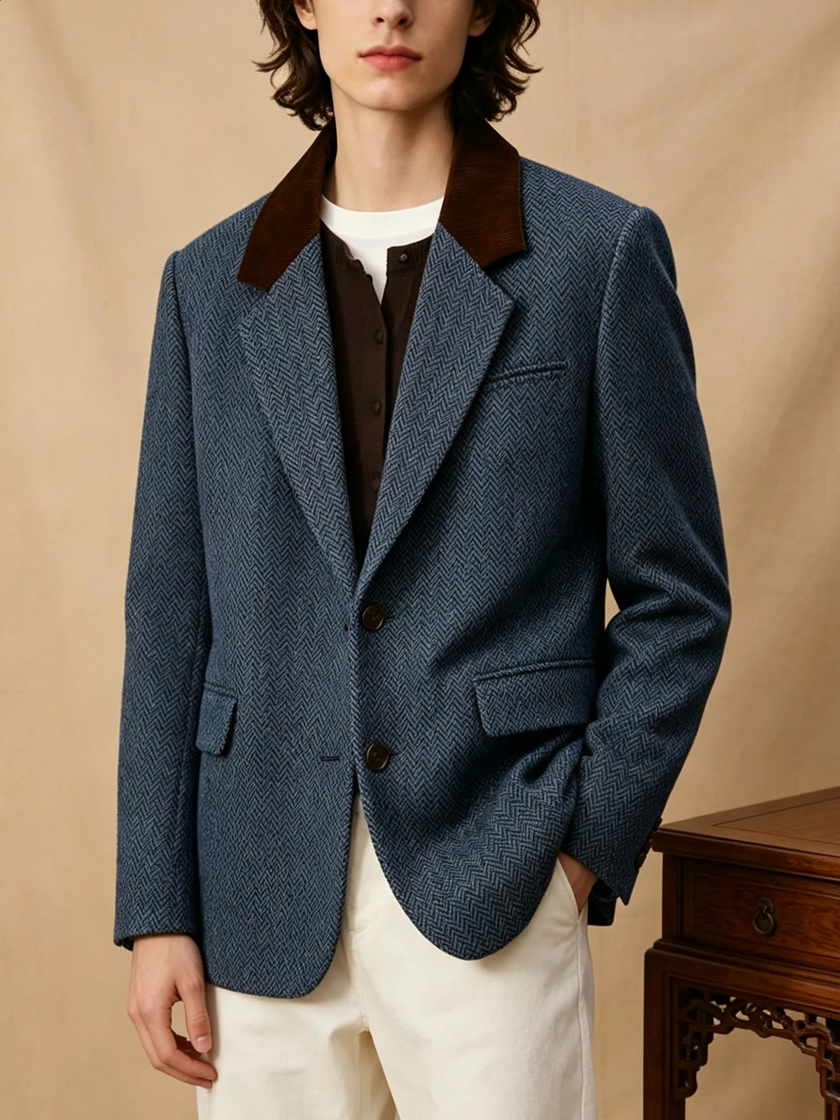 Mens Herringbone Blazer Two Button Vintage Tweed Wool Blend Sport Coat Jacket Vintage Business Casual Outerwear for Fall Winter 260920