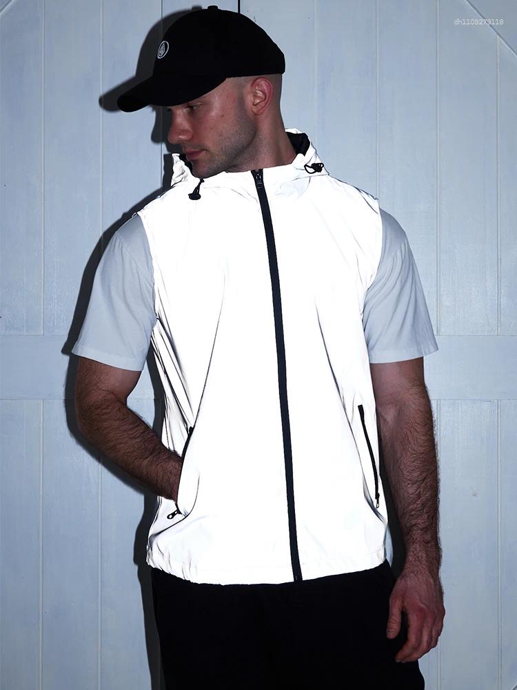 Reflective Hooded Sleeveless Vest Spring Summer Thin Fashion Streetwear Hip-hop Night Running Cycling Glowing Jacket