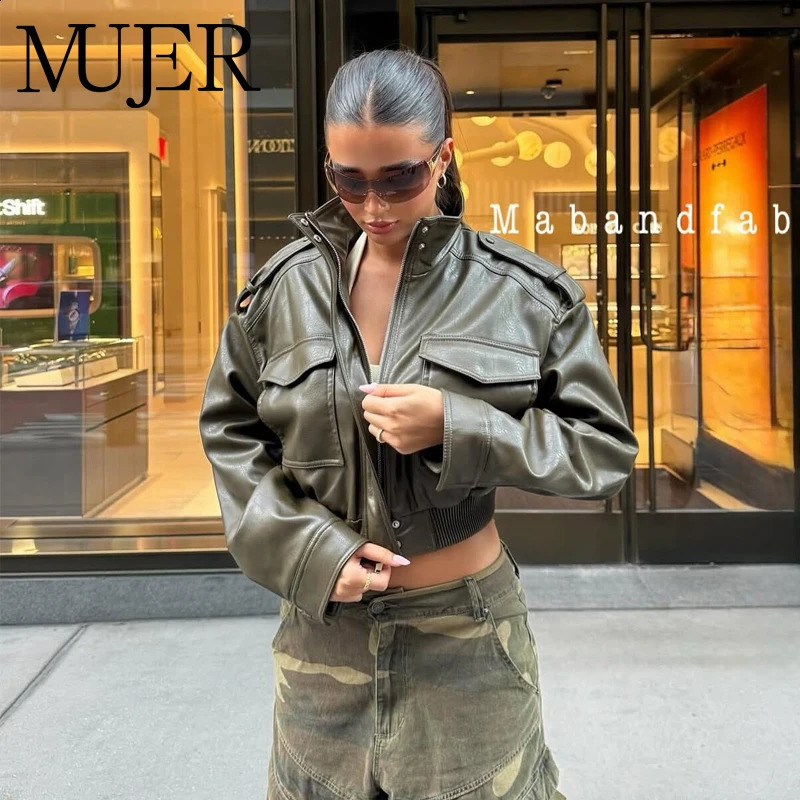 MUJER Faux Leather Cropped Jacket Women Bomber Demiseason Jackets for Long Sleeve Womens Coats Zip Overcoat 260920