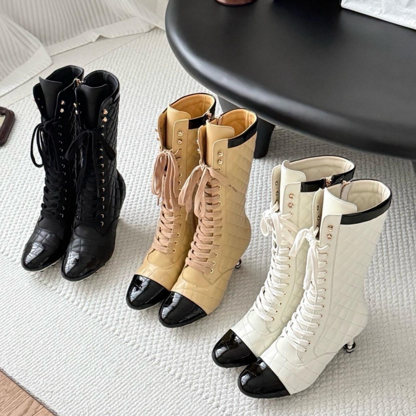 Shoe Designer Heel Boot Woman Leather Black Cream Lace Kitten High Knee Toe Cap Luxury Quilted Zipper mini boot Platform Stiletto Elegant Slingback