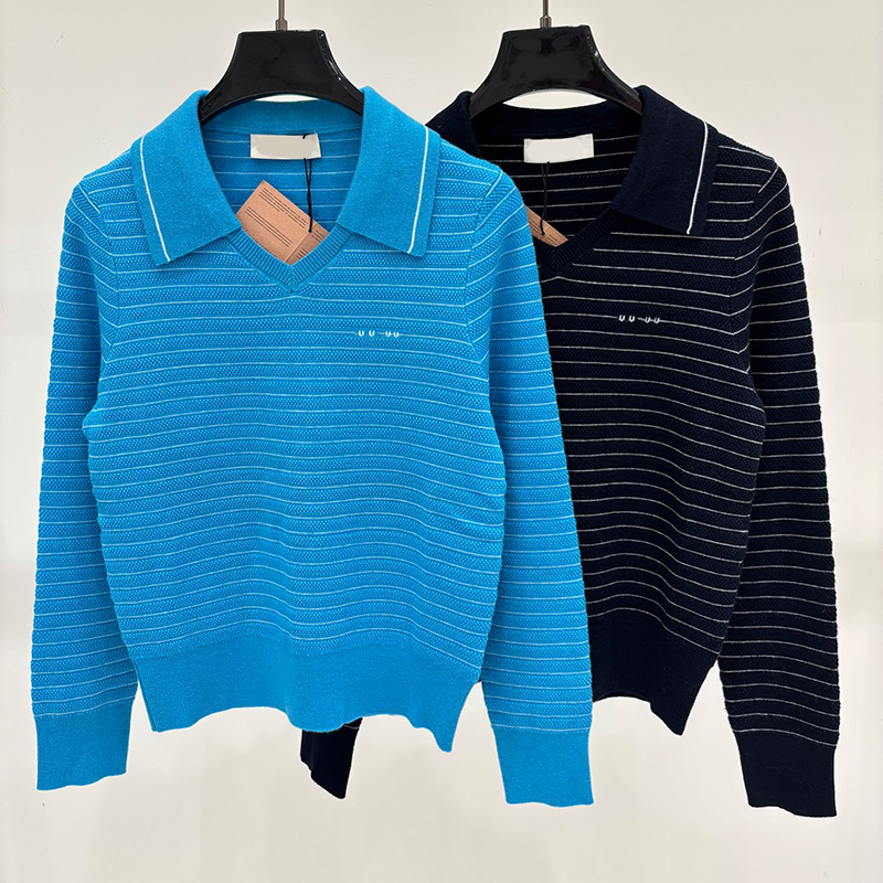 Preppy Women Polo Knit Tops Letter Striped Long Sleeve Knitted Pullovers College Style Daily Wear Tees for Women