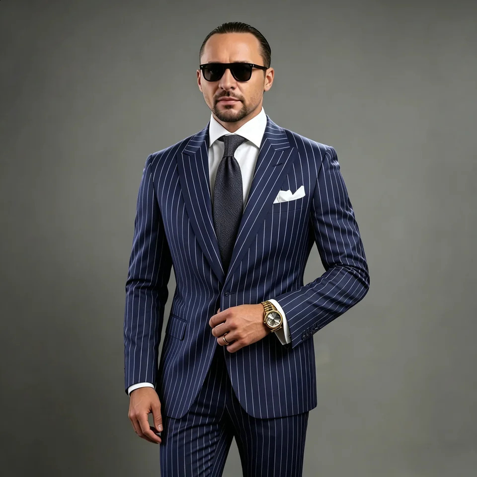 Navy Blue Pinstripe Men's Suits Fashion ed Lapel Two Buttons Groom Wedding Business Prom Party Male Suit JacketPants 260918