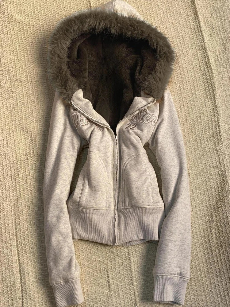 American Retro Gray Letter Embroidered Hooded Hoodie Women Y2k Casual Slim Fit Sweatshirt Autumn Winter Sweet Fashion Coat 260918