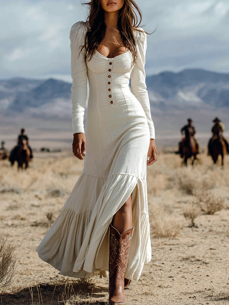 AAAAA F05 Robe classique d'inspiration occidentale américaine avec un design sexy à manches bouffantes