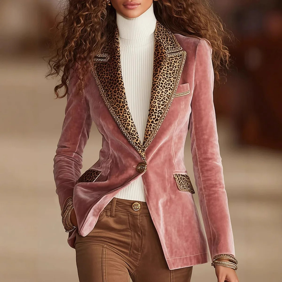 Fashion Elegant Leopard Velvet Patchwork Jackets Blazer Single Button Pockets Notched Collar Office Lady Autumn Jackets 2025 260918
