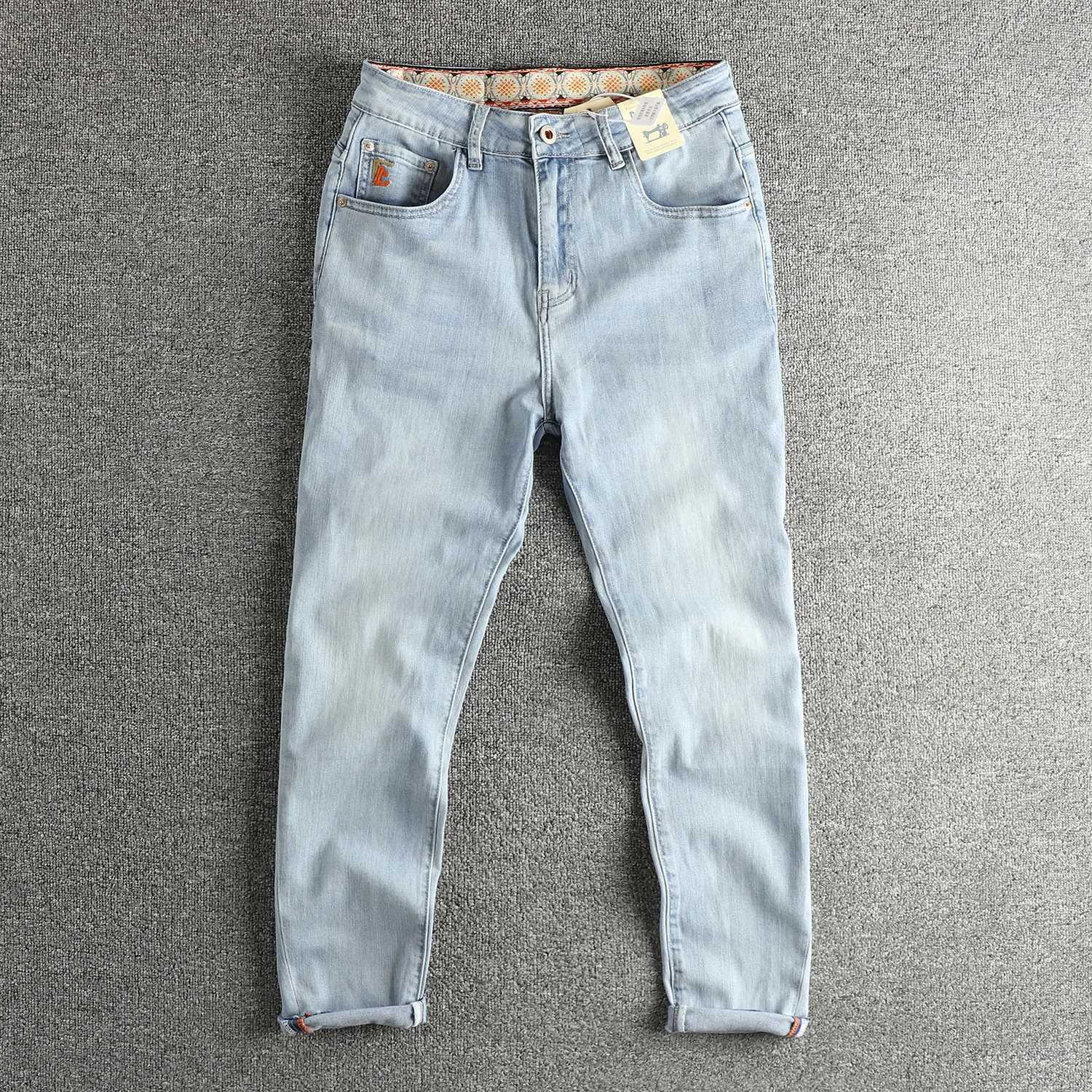 Men's Jeans Retro wash faded light blue jeans men's slim feet American trendy versatile youth nine-point pants X260919
