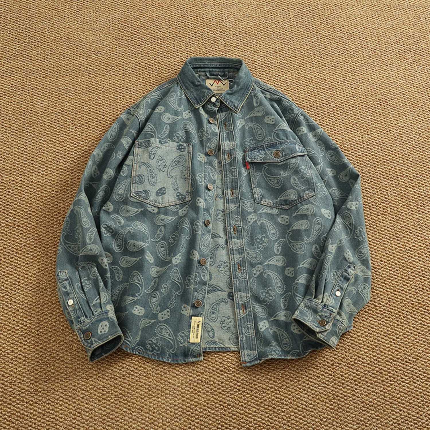 Men's Casual Shirts Heavy chunky cargo denim shirt jacket Men's high street chic vintage cashew flower baggy lapel long-sleeved shirt X260