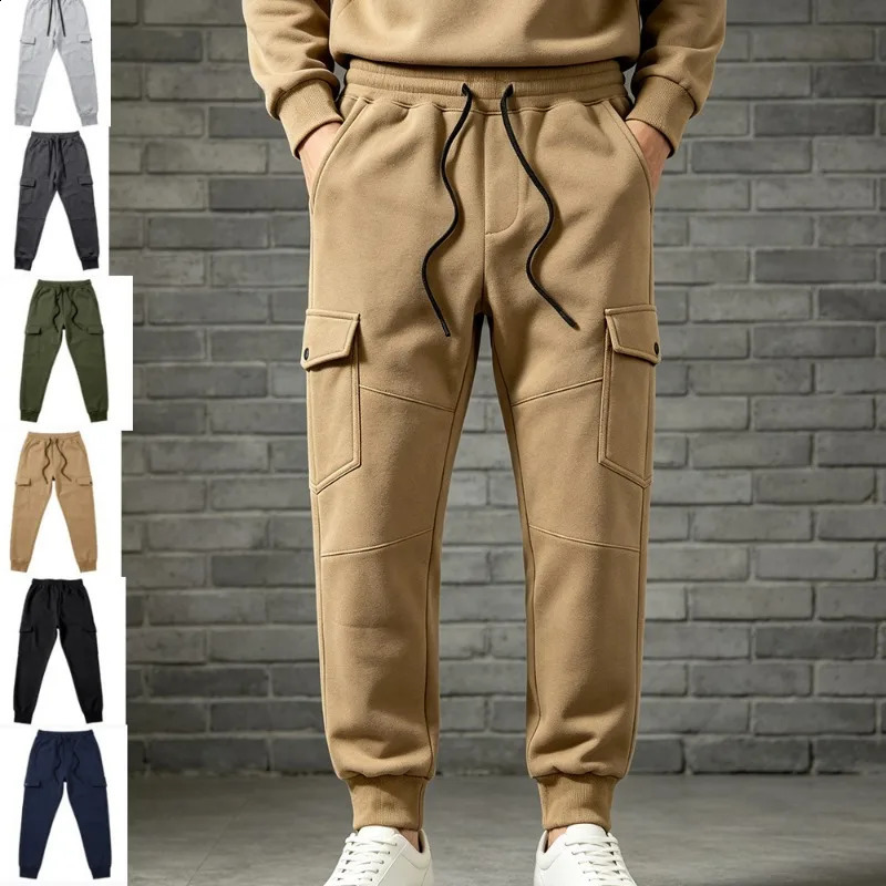 Men Fleece Lined Cargo Jogger Pants Drawstring Elastic Waist Multi Pocket Solid Color Loose Casual Sweatpants Streetwear Trouser 260920