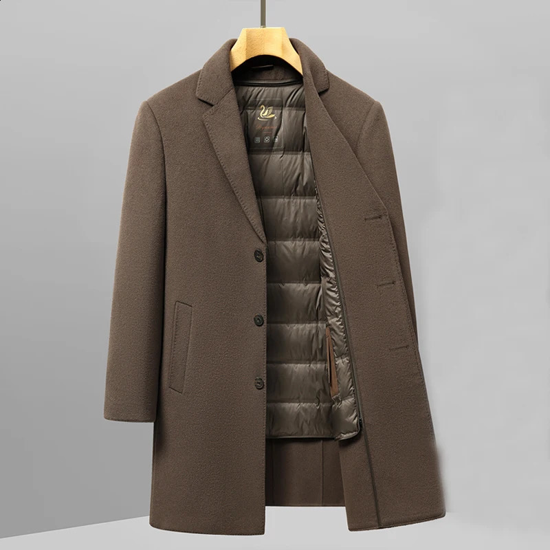 Casual Men's LongLength Woolen Coats 2026 Winter Detachable Duck Down Liner Overcoat Outwear Warm Wool Windbreaker Puffer 260911