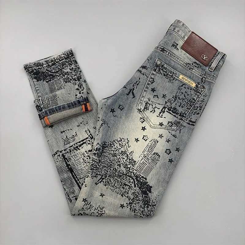Men's Jeans Spring and Autumn New Fashion Trend Printed Straight Leg Elastic Jeans For Men's Casual Retro Sports High-Quality Jeans 28-36