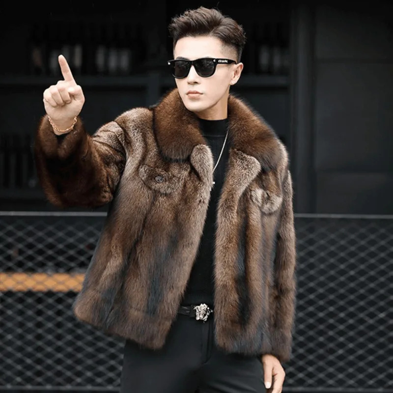 Mens Mink Fur Coat Winter Thicken Fox Fur Outerwear Jacket Short Fashion Comfortable Fur Coat Turndown Collar 260920
