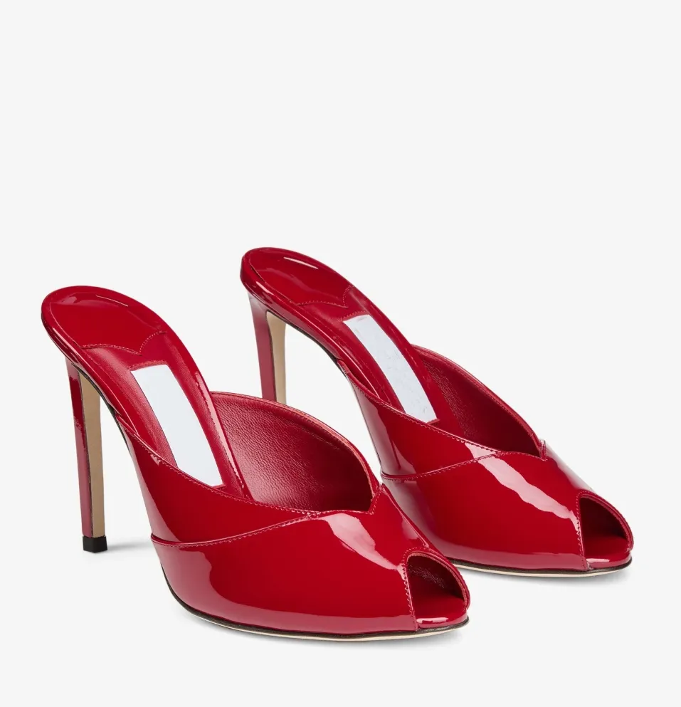 26S Elegant Brand Women Brigitte Sandals Shoes Patene Leather / Lace White Black Red Mules Peep Toe High Heels Lady Party Dress Sandalias EU35-42