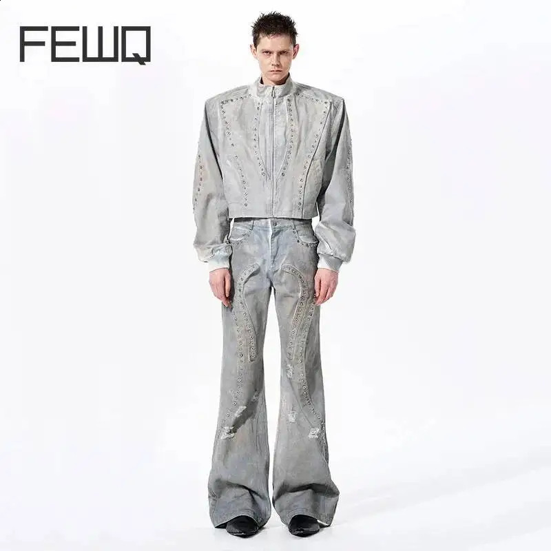 FEWQ American Retro Deconstructive n For Men's Denim Suit Vintage Stand Up Collar Jacket Casual Straight Leg Denim Pants 260920