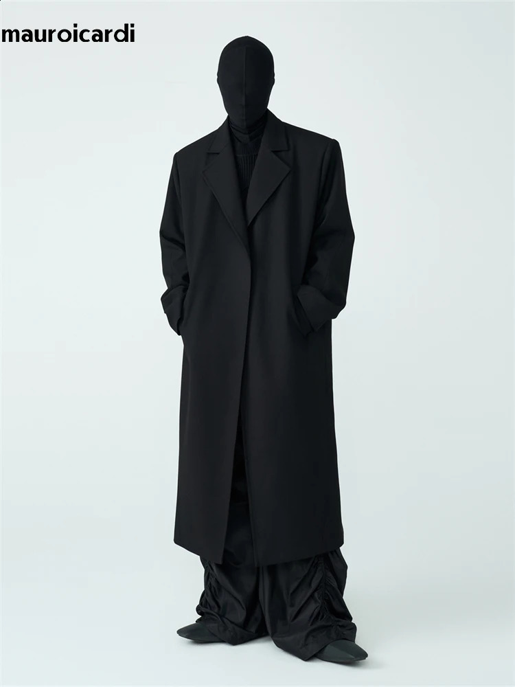 Mauroicardi Autumn Winter Cool Long Black Thick Warm Loose Casual Soft Wool Blends Coat Men with Shoulder Pads No Buttons 260920