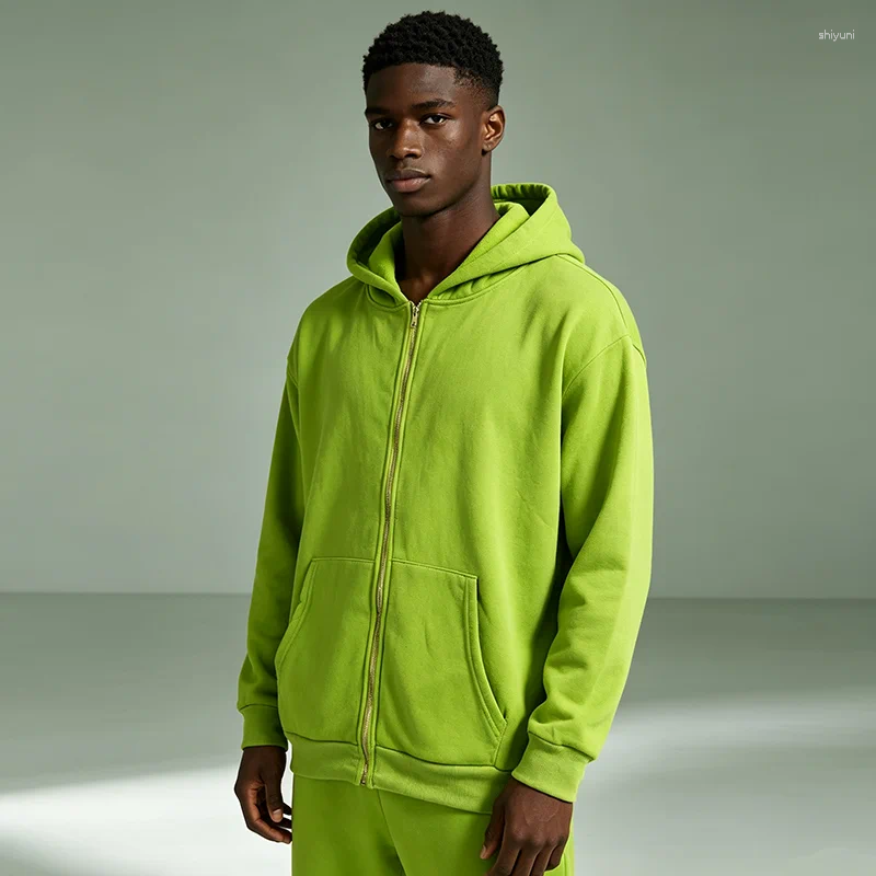 Men's Fluorescent Green Zipper Hooded Sweatshirt Solid Color Long Sleeve Casual Loose Daily Wear Outerwear