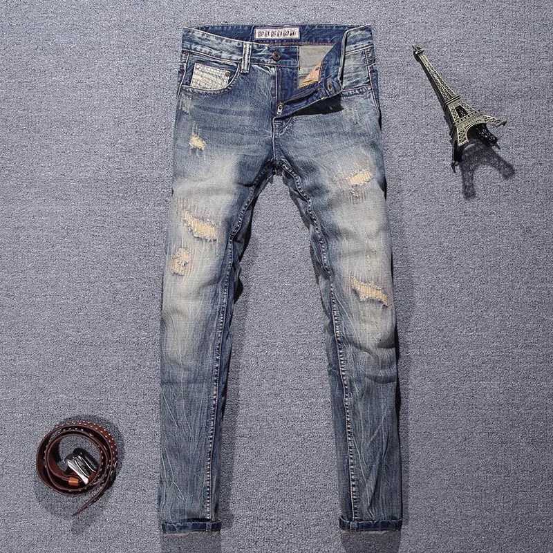 Men's Jeans 2023 Spring and Autumn New Classic Fashion Solid Color Ripped Small Foot Pants Men's Casual Comfort Elastic High Quality Jeans