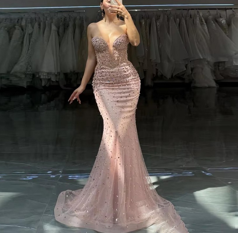Sparkly Pink Evening Formal Dresses Sweetheart Crystal Pearls Sequins Mermaid Prom Pageant Party Gowns Celebrity Birthday Vestidos De Feast Gala