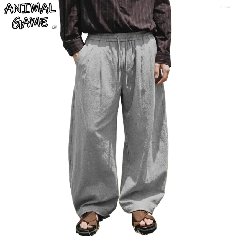 Men's Casual Cotton Wide Leg Pants Loose Fit Drawstring Elastic Waist Trousers Breathable Baggy Solid Color Streetwear