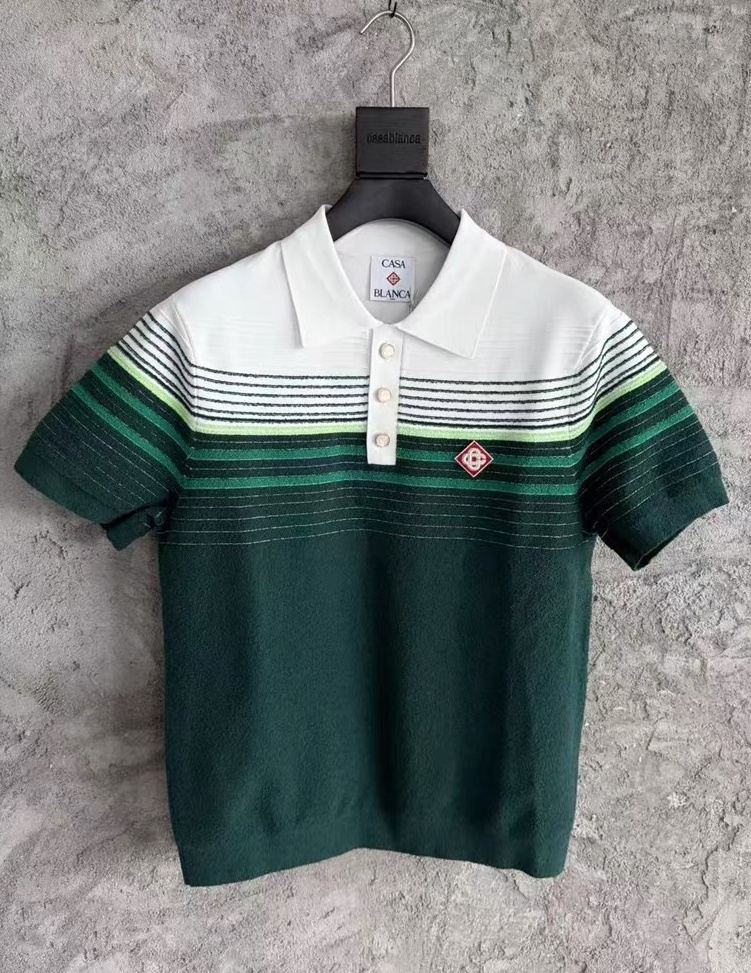 2026 Casabalnc Top Designer Rayé Couleur Bloc Polaire Doublé Col Tricoté À Manches Courtes Polo T-shirt Nouveaux Hommes Vintage Tricot Droit Cord