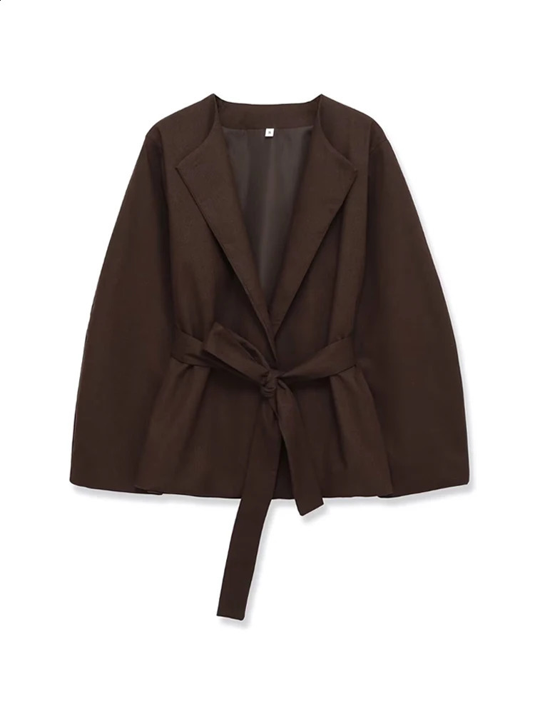 Womens Chic Solid Color Open Blazer Coat with Belt Loose Fit Long Sleeve Female Outerwear Stylish Top 260920