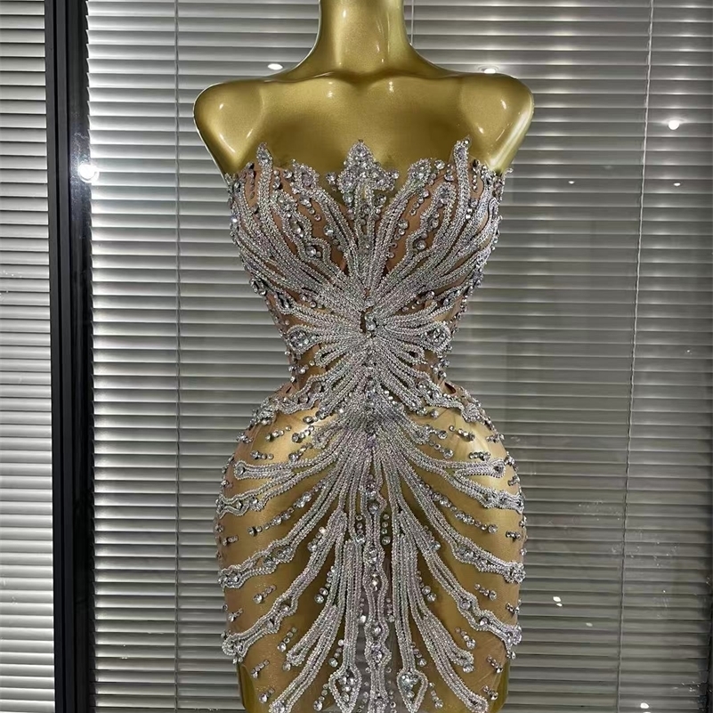 Shining Sequins Women Sexy Strapless Mesh See Through Bodycon Mini Dress Nightclub Party Celebrate Birthday Stage Wear 260920
