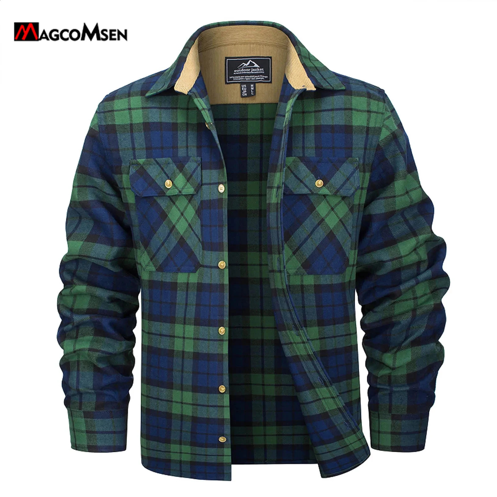 MAGCOMSEN Mens Cotton Flannel Shacket Plaid Shirt Long Sleeve Corduroy Collar 2 Chest Pockets Casual Work Overshirt Outdoor 260920
