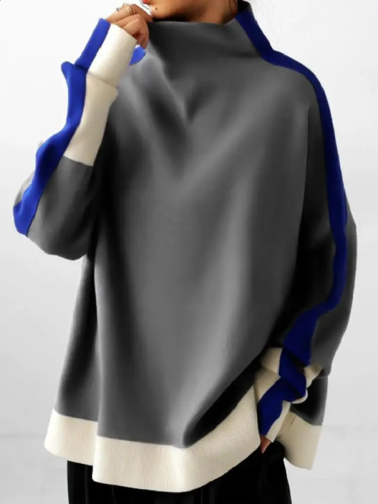 Yeezzi Women Fashion Contrast Color High Neck Hoodless Sweatshirts Autumn Winter Long Sleeves Casual Pullovers Tops 260920