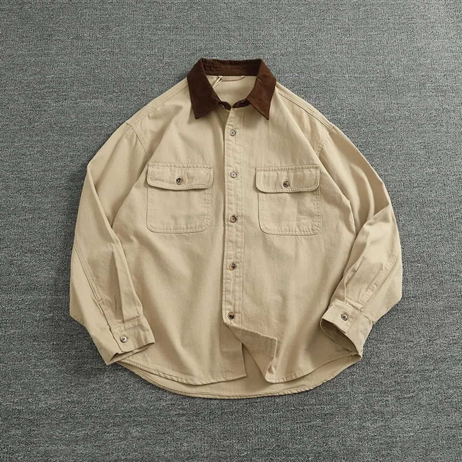 Men's Jackets May Khaki vintage overalls coat men's color contrast patchwork lapel all cotton European and American style old jacket loose