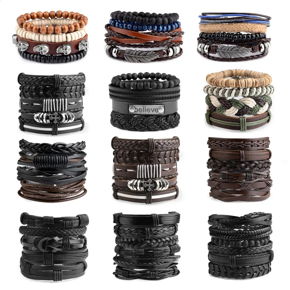 Pulsera de cuero gótica vikinga Vinatge multicapa Pulseras para hombres Pulsera de combinación punk de cuero para hombres Joyería 260920