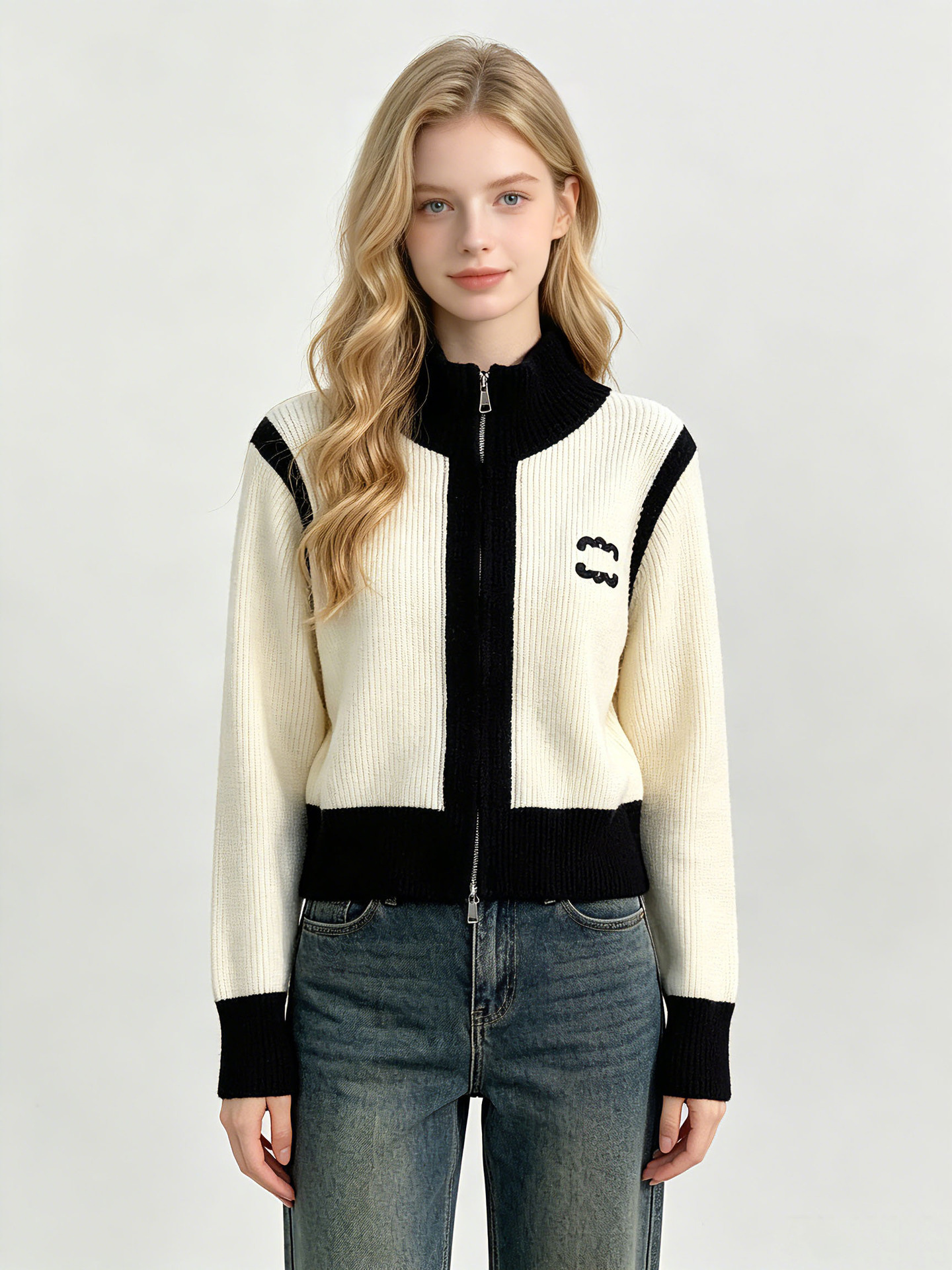Sweater Womens Designer Knitted Cardigan Luxury Jacket Tops Autumn Winter Coat Embroidered Stand Up Collar Color Blocked Long Sleeve