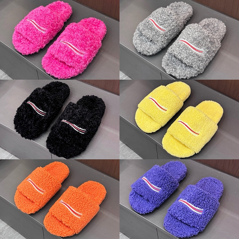 Luxury Triangle Slides Designer Men Women Slippers Ladies Wool Winter Fur Fluffy Furry Warm Letters Sandals Comfortable Fuzzy Girl Paris Flip Flop S