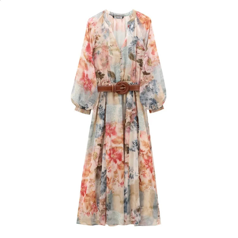 Womens Floral Maxi Dress with Belt Spring Summer V Neck Lantern Sleeve Button Down Boho Elegant Long Party Beach Dresses 260920