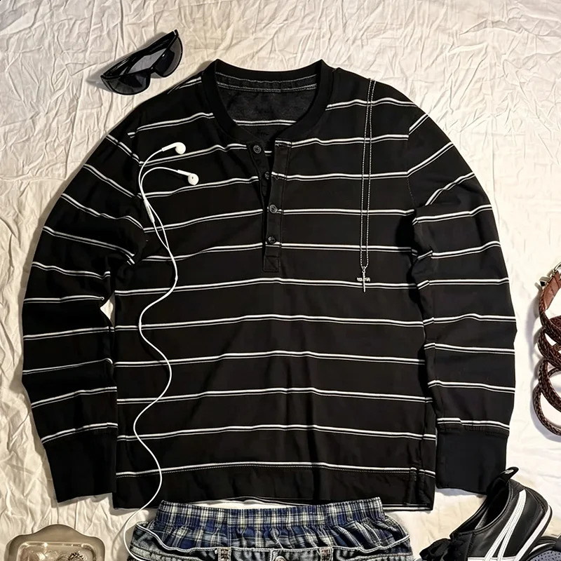 Y2K Grunge Vintage Streetwear Mens Striped Henley Collar Long Sleeve TShirts Loose Fit Pullover Tops Daily Casual Fashion Wear 260920