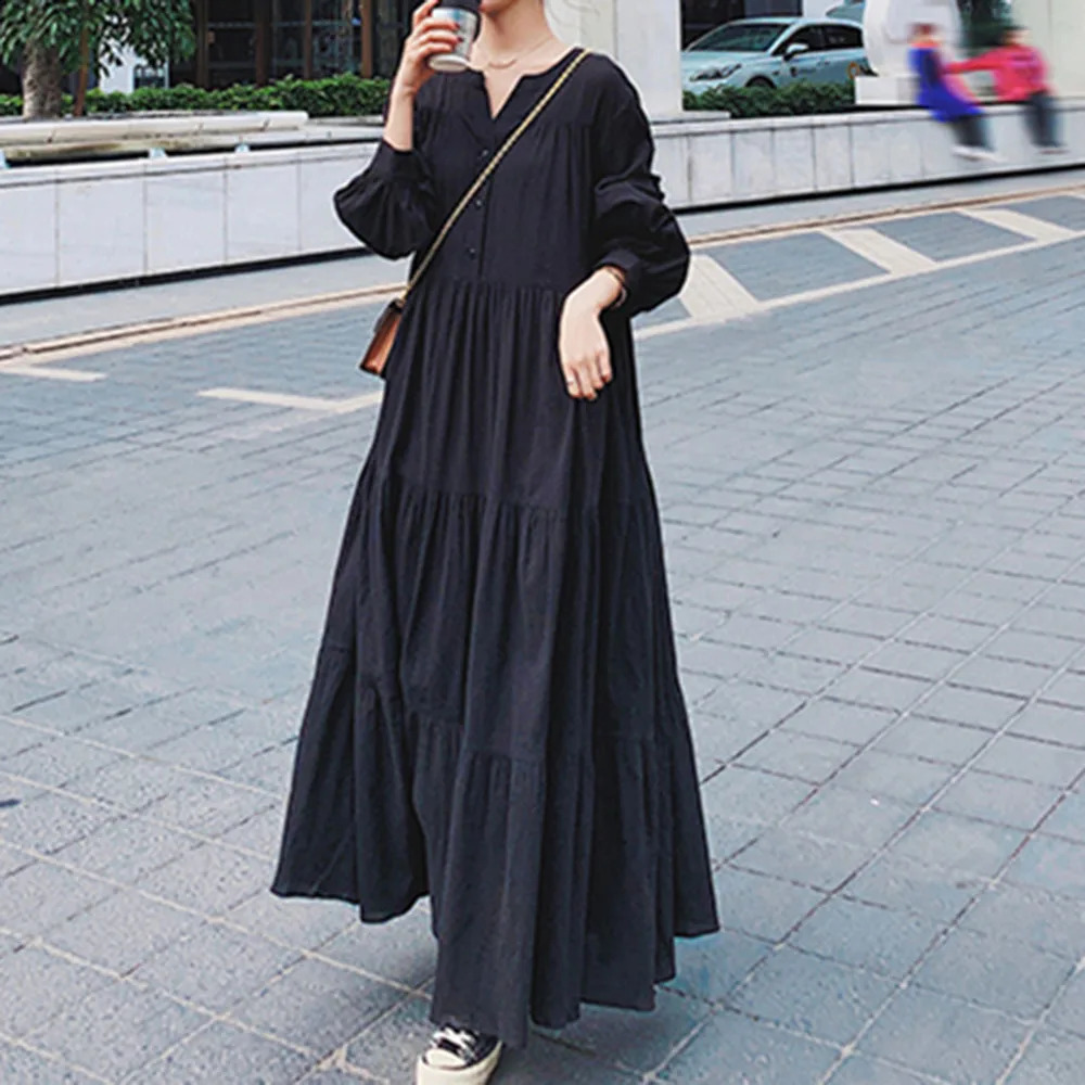 Ele Hepburn Sle Long Sve Dr plus Size Loose ALine Skirt Vintage Commute Spring Season Regular Thin 260920