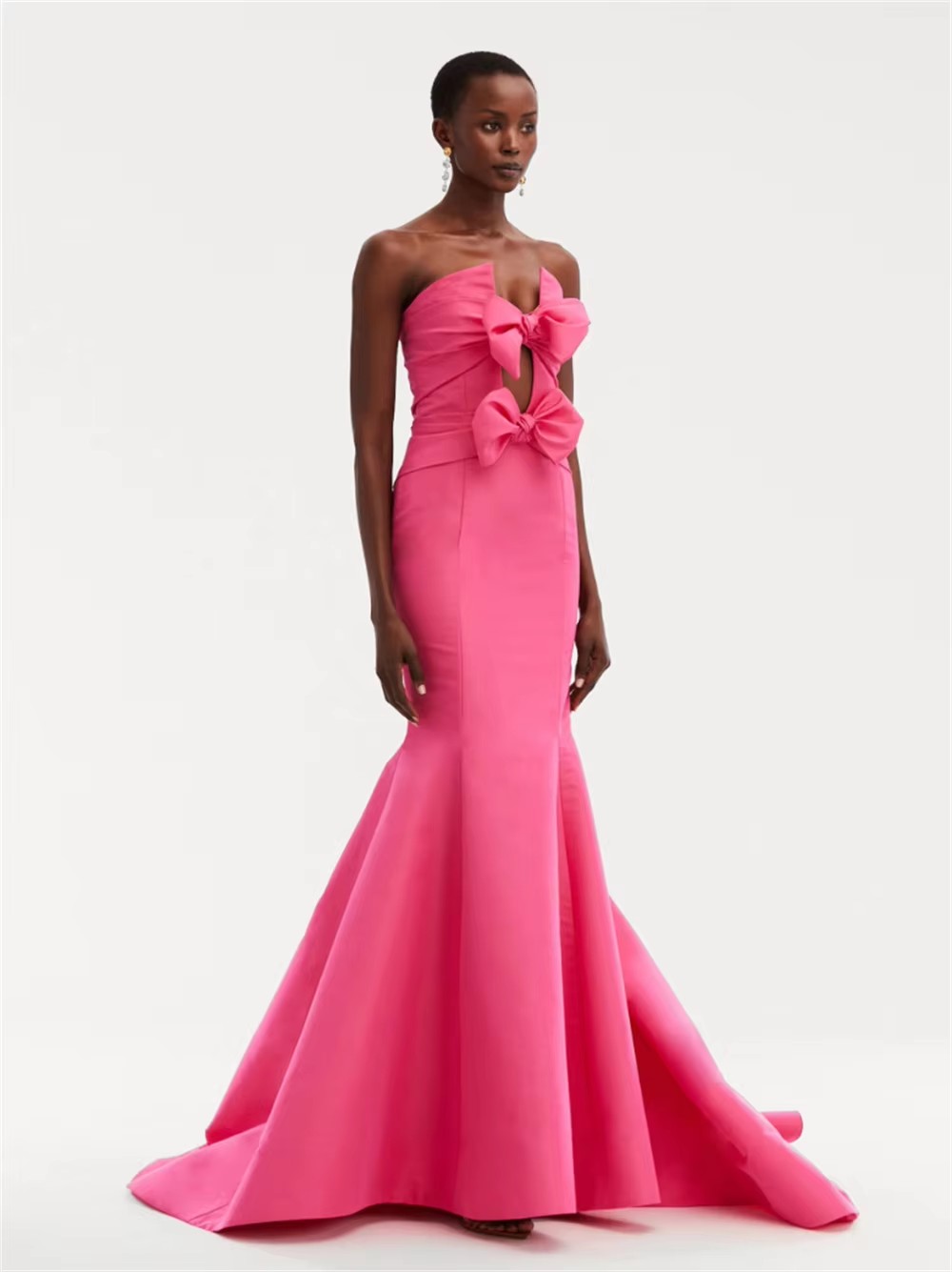 Elegant Pink Evening Formal Dresses Strapless Ruched Bows Satin Mermaid Prom Pageant Party Gowns Celebrity African Vestidos De Feast Gala
