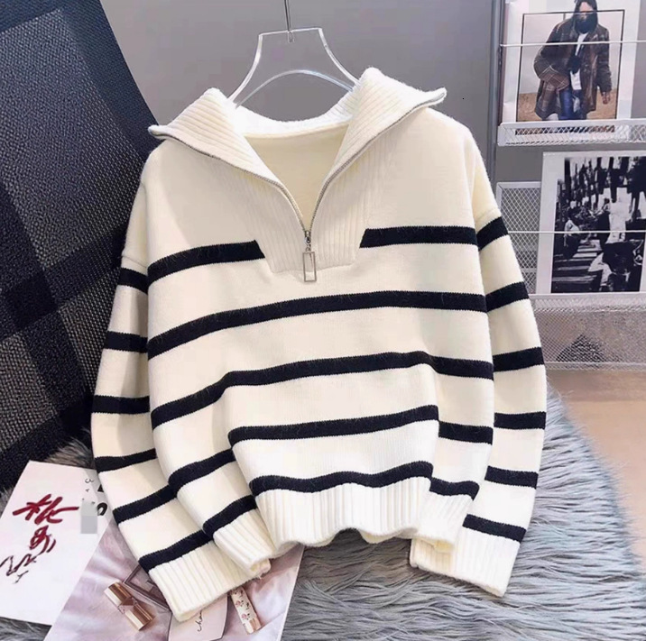 High-End Fashion Daily Luxury Clothing European American Autumn And Winter New Style Color-Block Striped Pullover Knitted Sweater Coat, Fashionable