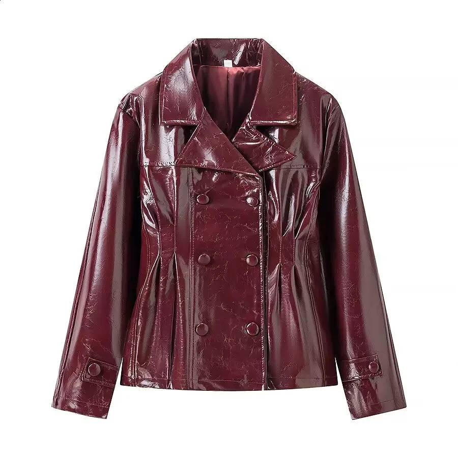 Women's Burgundy Faux Leather Double Breasted Jacket Lapel Cropped Moto Coat Shiny Streetwear Blazer for Fall Winter 260920