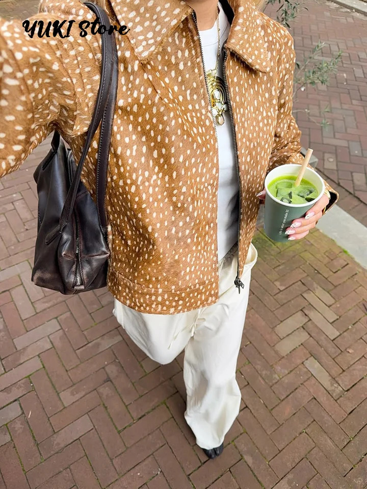 Animal Stripe Dot Womens Autumn Jacket Lapel Long Sleeve Doubleheaded Zipper Cropped Jackets 2026 Fashion Street Lady Coats 260920