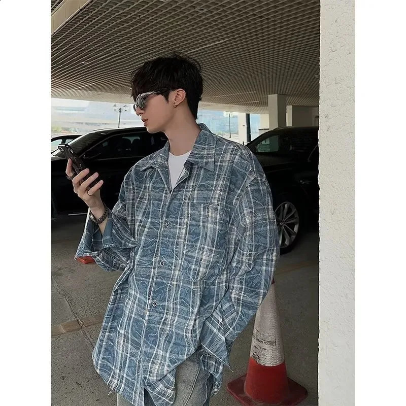 American Retro Plaid Long Sleeve Men's Shirt Spring Autumn Style Loose Fit Fashion Silk Machine Washable Shirt Jacket 260920
