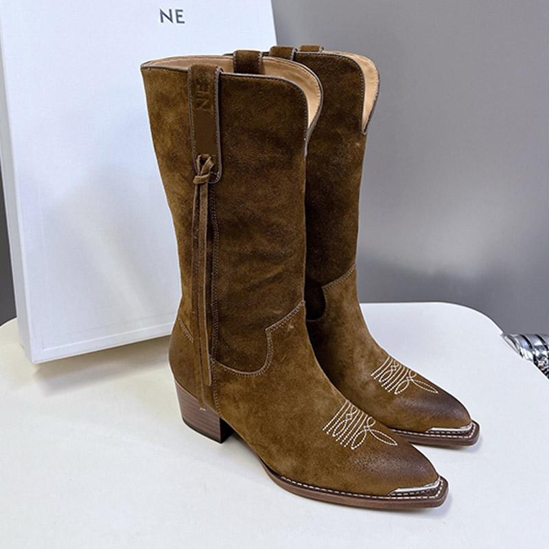 Botas altas occidentales con punta de metal Excelente diseñador para mujer Botas de tacón de bloque apiladas de madera Borde del zapato Botas con co