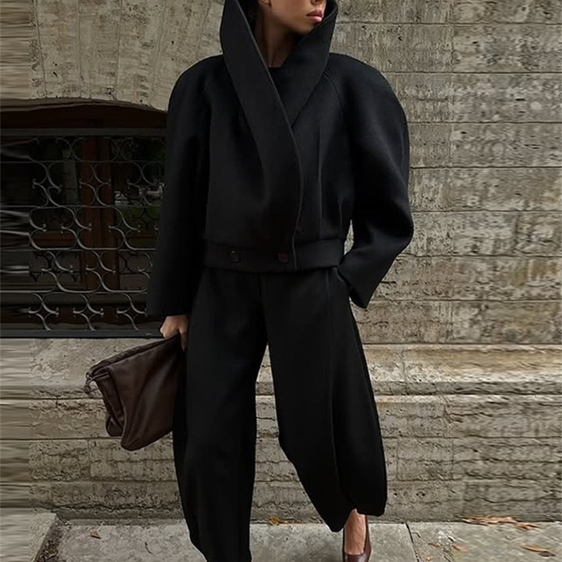 Black Stand Collar Woolen Coats Womens High Street Buttons Full Sleeve Short Overcoats 2026 Autumn Female Solid Outwear 260918