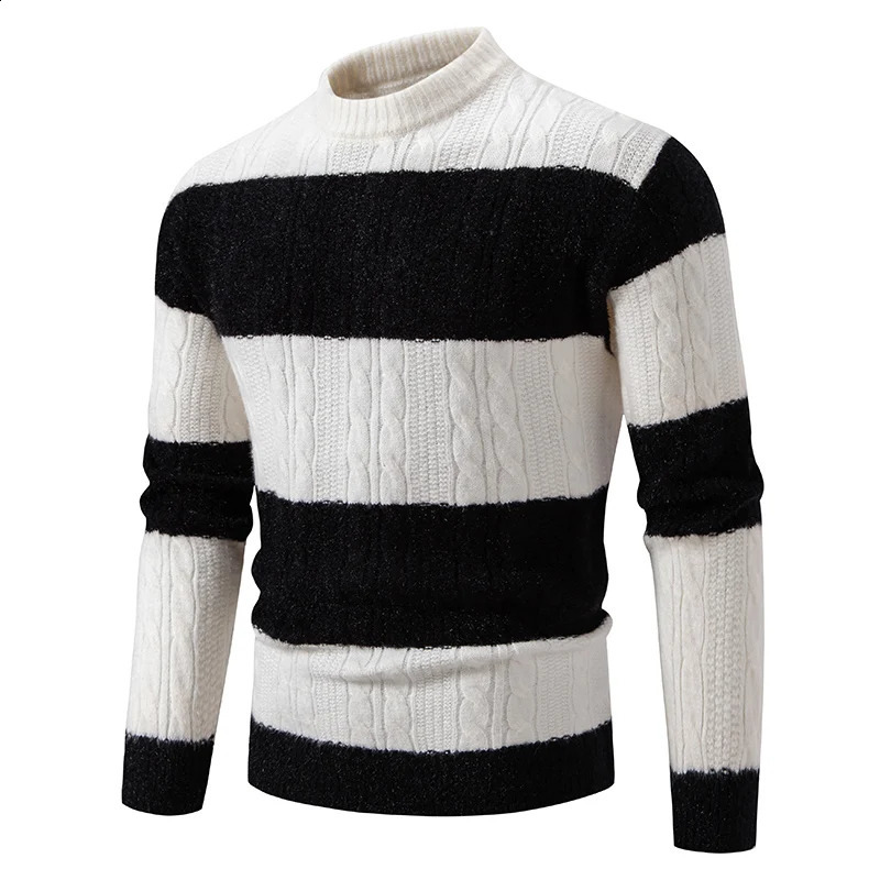 Patchwork Mock Neck Knitting Sweater Men Fashion Striped Casual Knitted Pullovers Mens Autumn Winter Comfortable Knitwear 260920