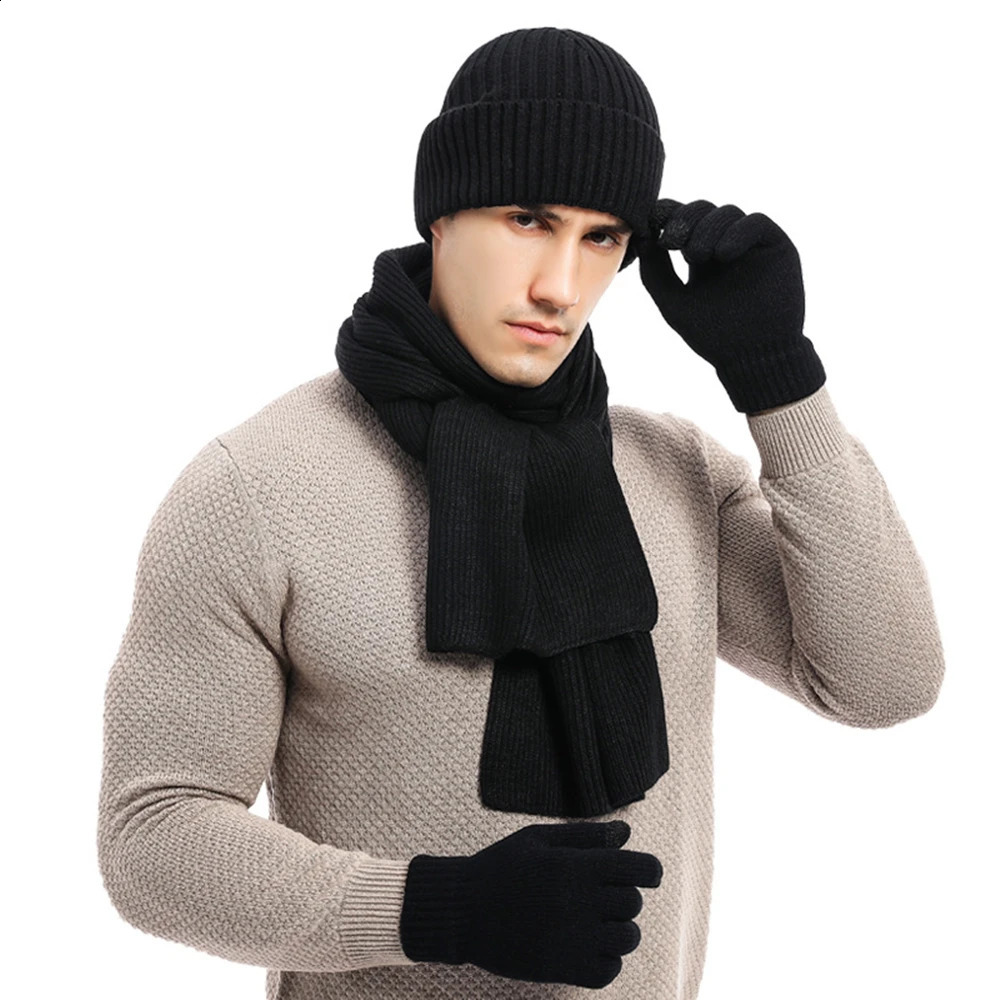 Men's Autumn Winter Keep Warm Set Beanie Gloves Scarf Male Woolen Yarn Knitted Muffler Spring Fall Hat Solid Color Neckerchief 260918