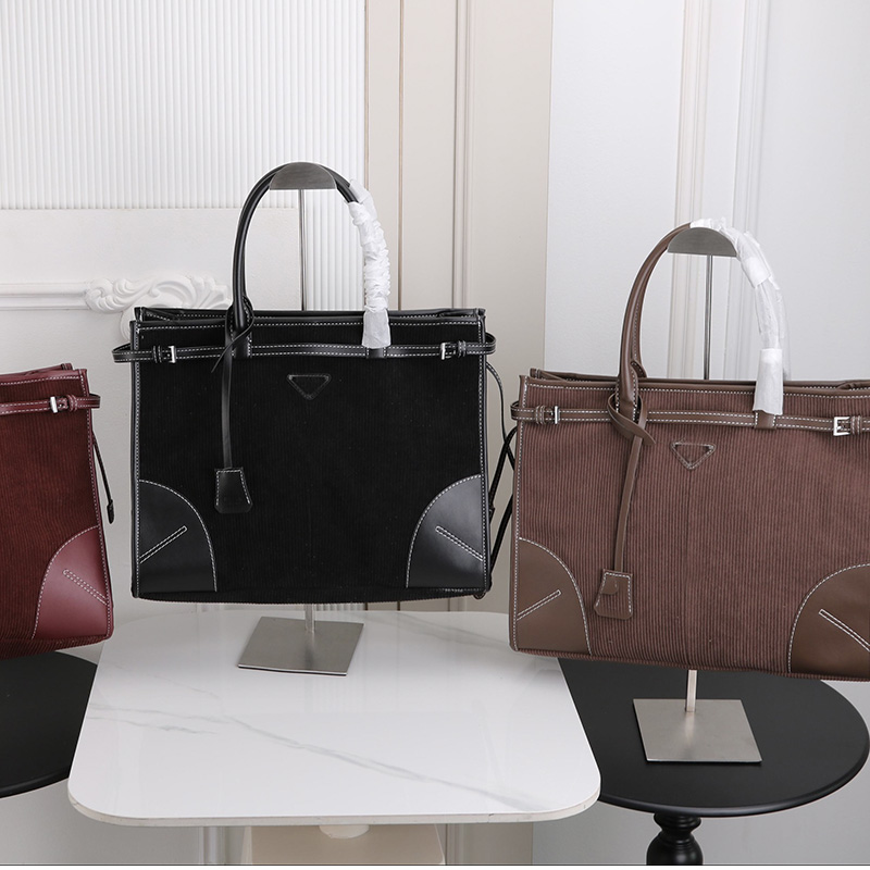Autumn Winter solid Brown corduroy designer the tote bag women high quality handbags leather trim belt buckle triangle bonnierada shoulder zipper cr