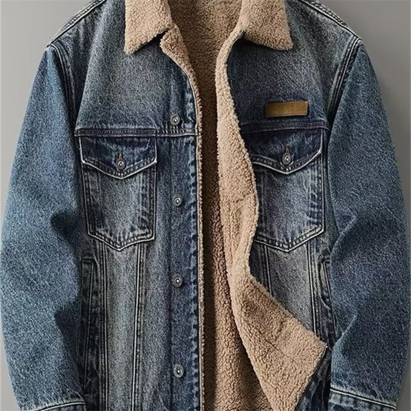 Giacca di jeans ispessita foderata in pile americano retrò per uomo Cappotto invernale di cotone caldo alla moda tutto abbinato in pelliccia di agne