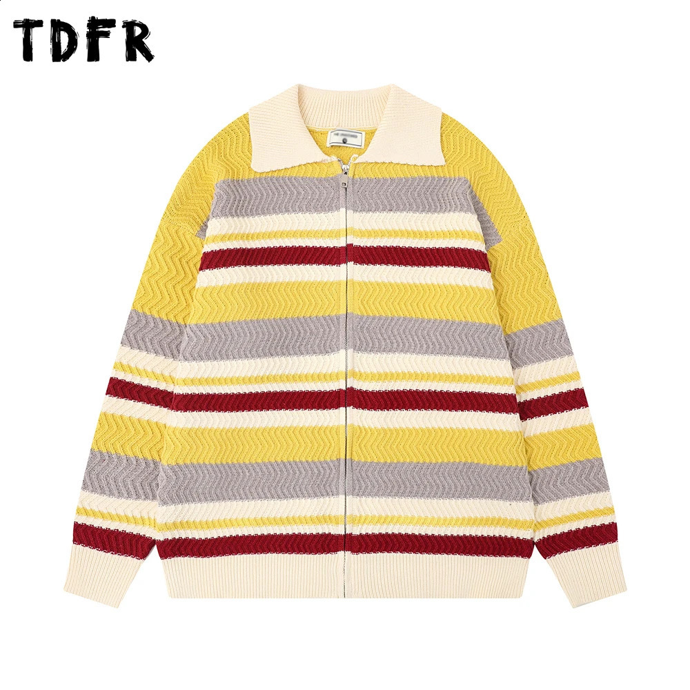 Color Block Striped Sweater Cardigan Mens Autumn Winter Casual Retro Loose Lapel Long Sleeve Knitted Sweatercoat Man 260920