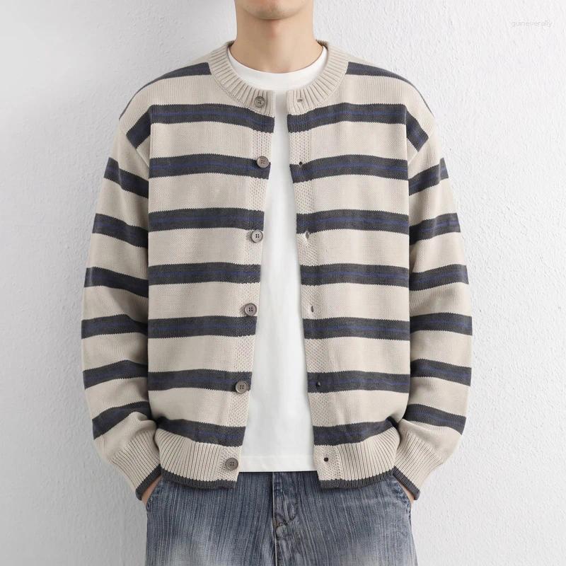 Autumn Winter Mens Striped Cardigans Breathable Warm Knitted Cardigan Outerwear Men Fashion Round Neck Casual Knit Sweatercoat