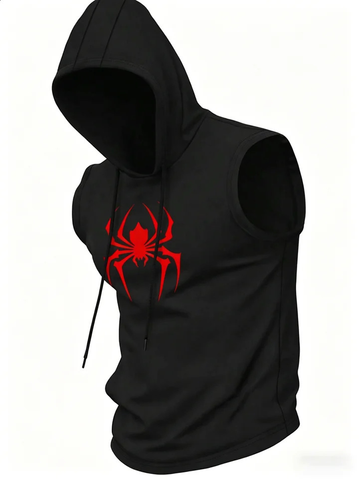 Mens Black Sleeveless Hooded Vest Spider Print Gym Tank Breathable Spring Summer Workout Casual Fitness Sportswear 260920